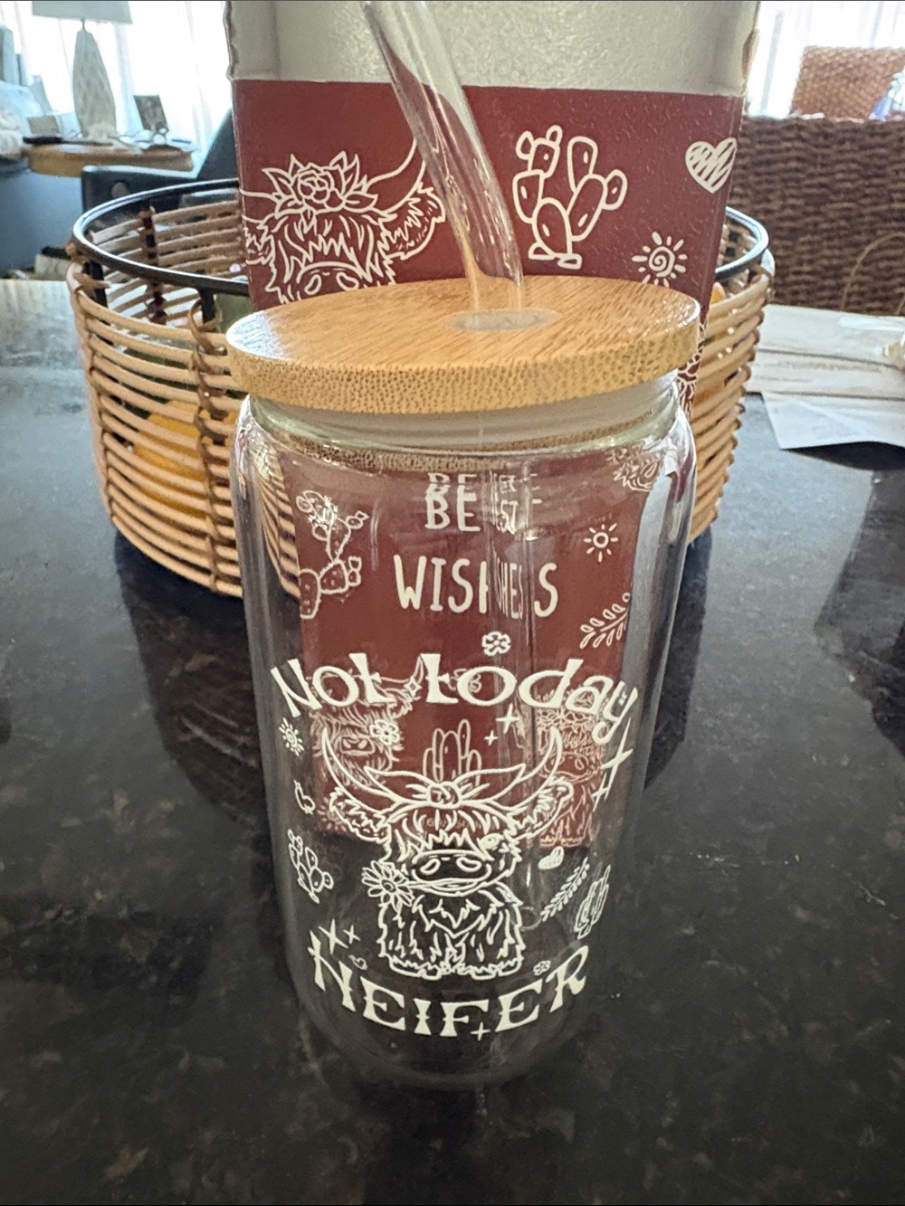 Not Today Heifer Glass Straw Tumbler with Bamboo Lid